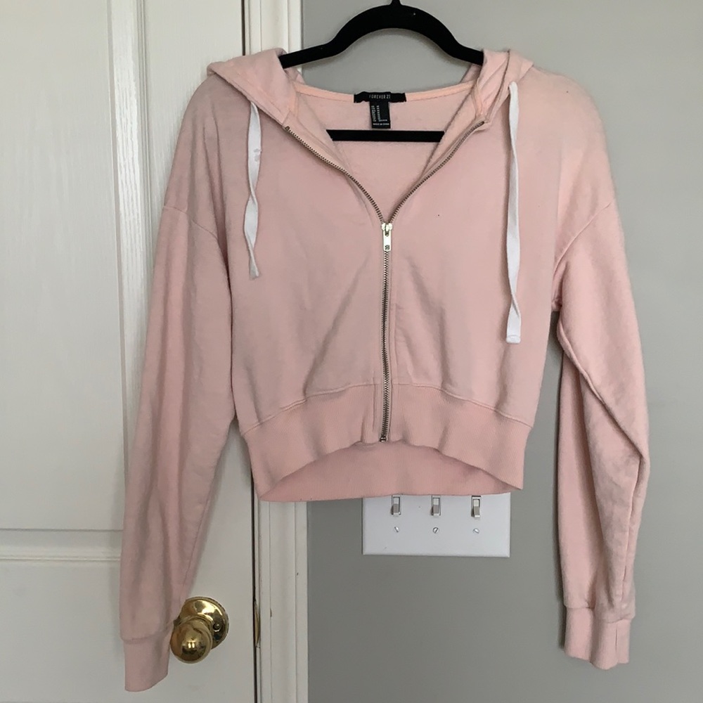 Light Pink Forever 21 Cropped Zip Up Hoodie